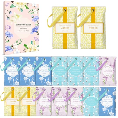 LA BELLEFÉE Scented Sachets, Linen/Lavender/Cotton/Vanilla Fragrance, 16 Pack, Perfume Sachets, Ideal for Home, Wardrobes, Drawers, Closets, Bathrooms