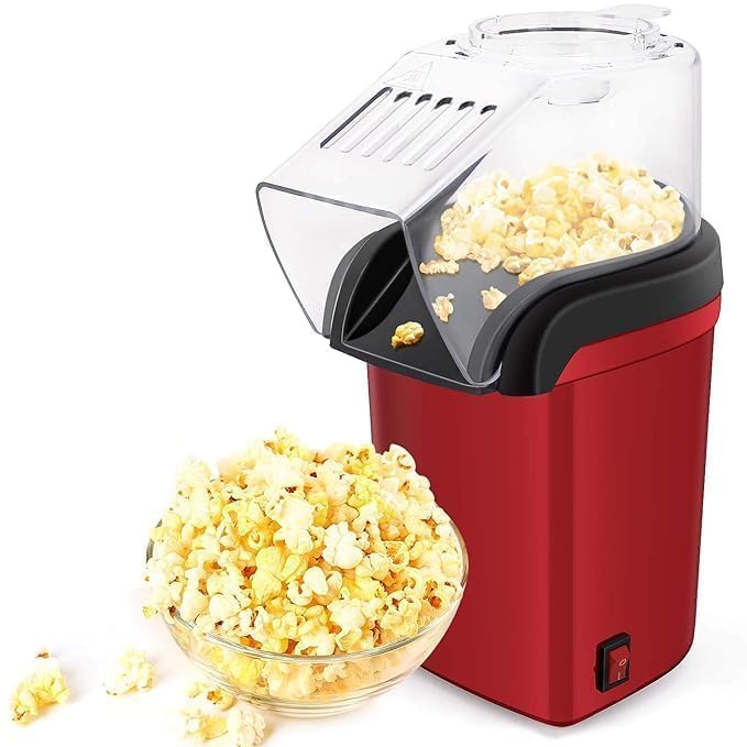 hot air popcorn maker, 1200w electric oil-free popcorn machine with removable top cover and measuring cup, red, for home and parties