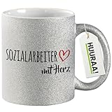Huuraa Glitzertasse Sozialarbeiter mit Herz 330ml Silber Keramik Kaffeebecher Geschenkidee