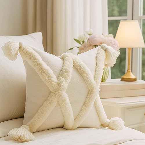 WWW.THROWPILLOW.IN White Criss Cross Tufted Cushion Cover with Handmade White Tassels - Boho Farmhouse Decorative Accent for Sofa, Bed, Living Room, Couch Square Sofa Cushion 16x16 Inches