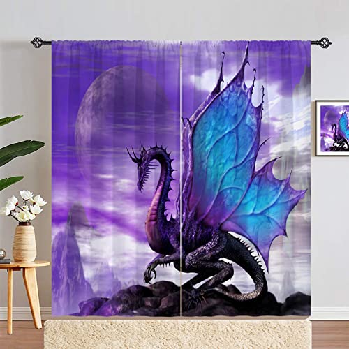 Anhope Dragon Curtains Colorful Fantasy Theme Window Drapes With Magic Wildlife Animal Purple Dragon Print Pattern Rod Pocket Curtains For Kids Boys Girls Bedroom Living Room, 2 Panels, 42 X 63 Inch #TOP2