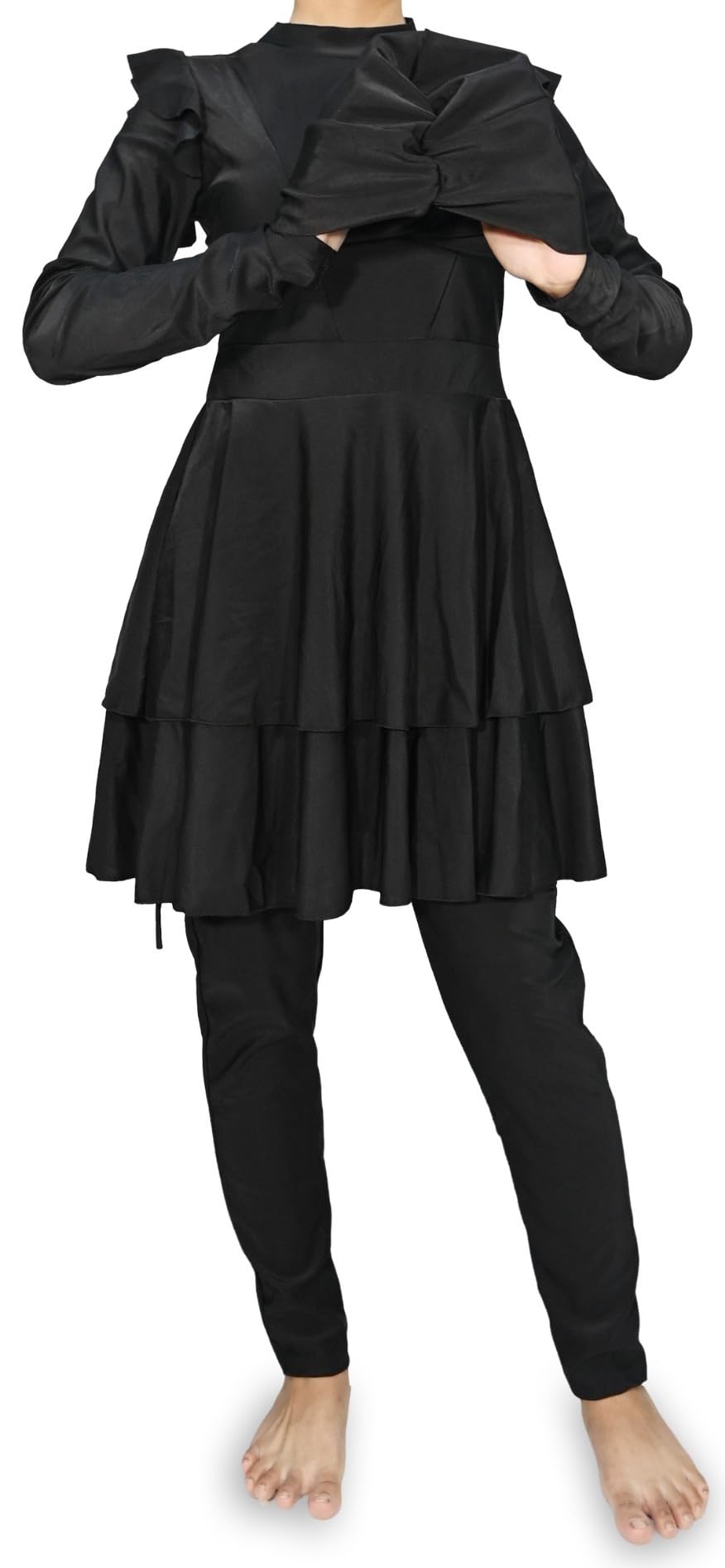 Burkini Modesto con Gonna a Strati e Volant per Copertura Totale (Nero, 3XL=50)