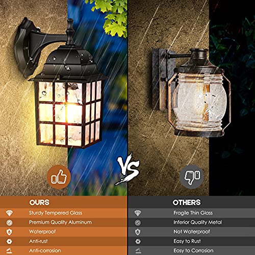 2-Pack Dusk To Dawn Outdoor Wall Lantern, Exterior Light Fixtures Wall Mount With Photocell Sensor, Black Wall Light Waterproof, Waterfall Glass Outside Wall Sconce For Porch House Garage #TOP3