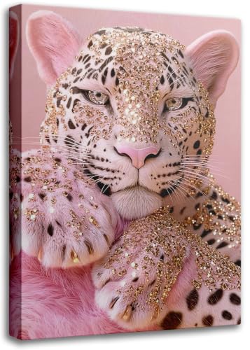 Pink Leopard with Gold Glitter Canvas Wall Art - 12x16 Inches Framed Wall Decor for Bedroom, Living Room, Bathroom - Modern Glam Animal Print Artwork for Home Decoration