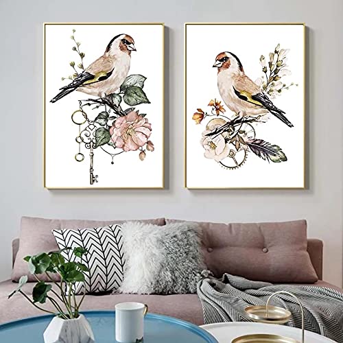 Affiche pour salon décor style chinois aquarelle avec motif fleur animal oiseau sur toile 50x70