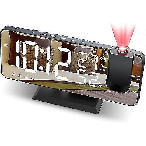 JOYHAPPST Multifunctional Radio Projection Alarm Clock With Led Mirror Screen, Usb Charging Port, Black