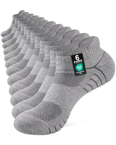 Image of Niorasen Mens Running Socks 6 Pairs, Cushioned Ankle Trainer Socks for Men Women, Breathable Cotton Sports Sock, Anti-Blister Athletic Short Low Cut Sock Grey 9-11