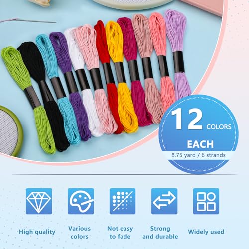Image of Embroidery Thread, 12 Skeins Rainbow Color Cotton Embroidery Floss, Friendship Bracelet String Cross Stitch Thread, for DIY Crafts Floss, Embroidery Projects, Bracelet Yarn
