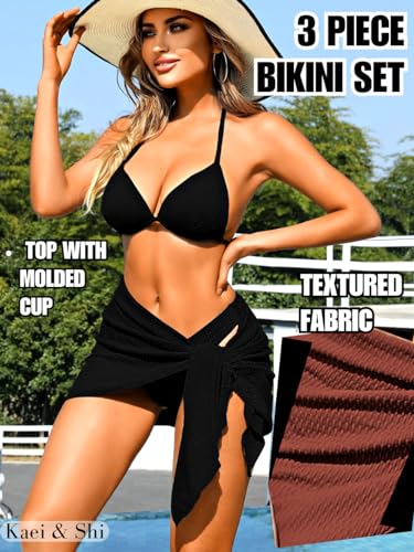 Kaei&Shi Women 3 Piece Swimsuits, Halter Ribbed Bikinis Set, Cover Up Skirt2