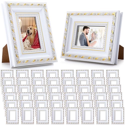 Image of 48 Pcs 2 x 3 Inch Small White Picture Frames Bulk Mini Vintage Antique Ornate Retro Baroque Photo Frames with Backboard for Wall Hanging Tabletop Home Decor Wedding Christmas Display