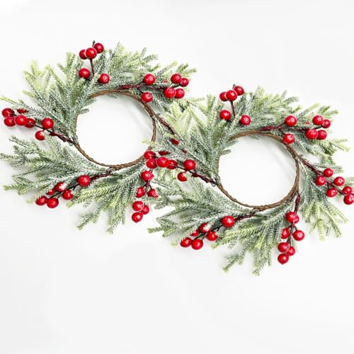 2pcs Small Christmas Wreath Candle Rings Artificial Cedar Cypress Wreaths with Red Berries Candle Holders for Holiday Table Centerpiece Decor (Candle Rings 03)