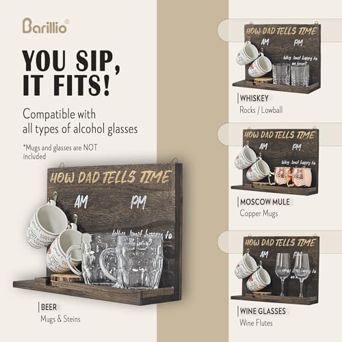 Wall Mounted or Tabletop Wooden Drinkware Board | AM/PM Coffee Mug and Alcohol Glass Holder | Funny Gift for Dad, Men, Husband, Christmas - Fits Wine, Whiskey, Beer Glasses | Glasses Are Not Included
