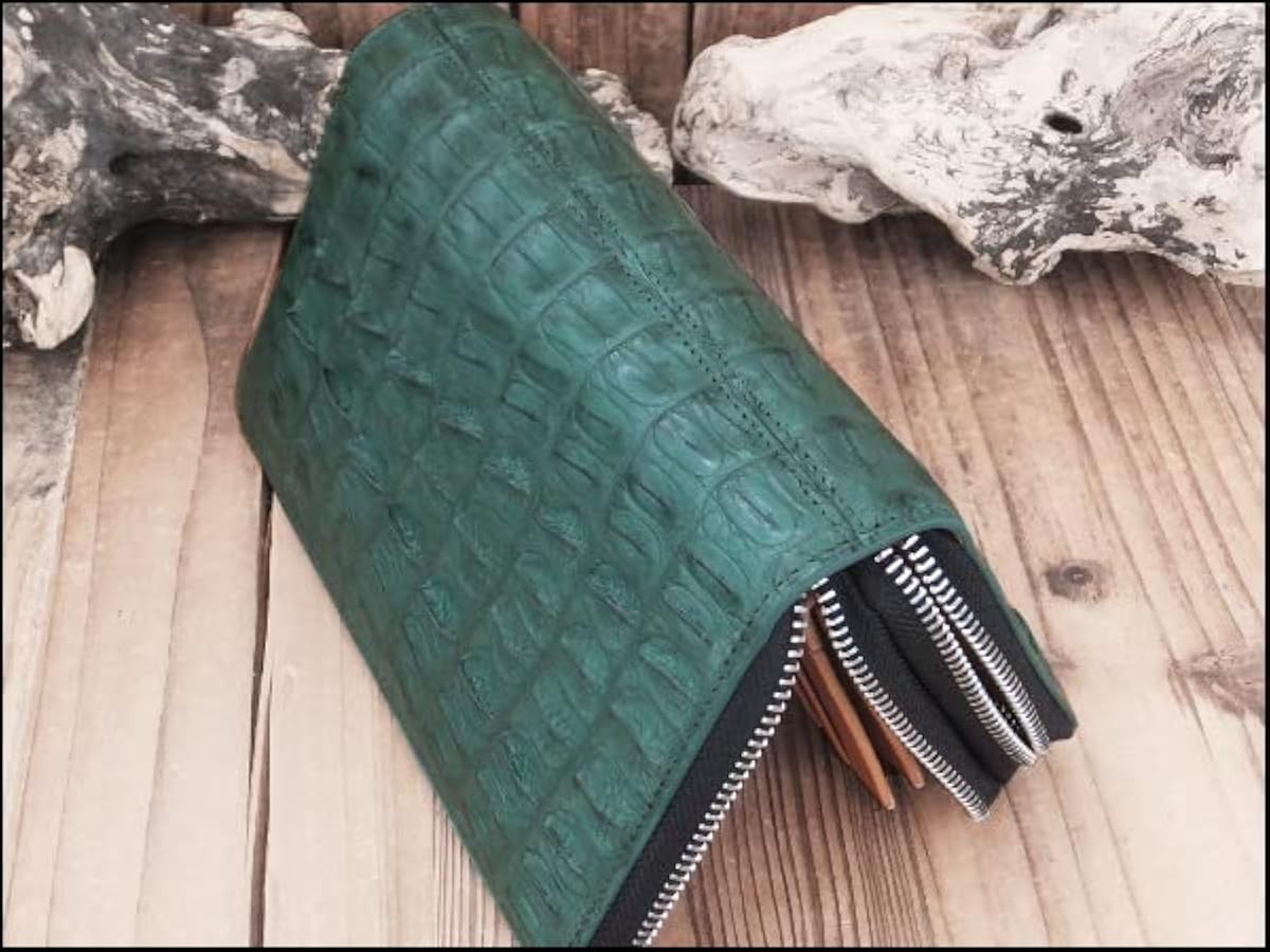 カイマンクロコダイル ラウンドファスナー長財布 グリーン系 カイマン