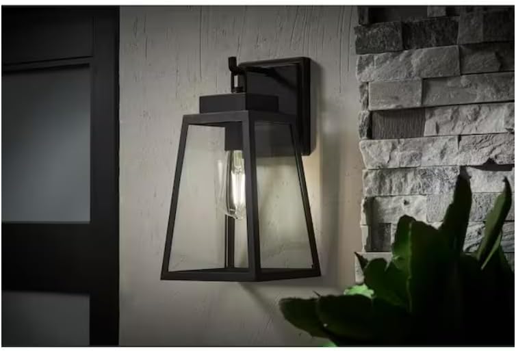 Hampton-Bay Corbin Medium Modern Outdoor Wall Light, 13-inch Black Lantern Sconce, Clear Glass