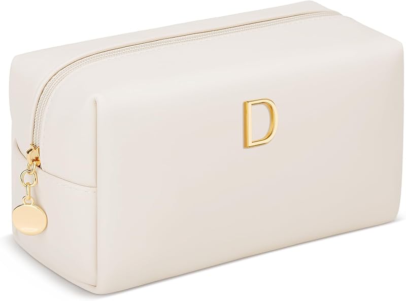Necessaire de maquiagem KKXIU com inicial metálica, bege, modelo D