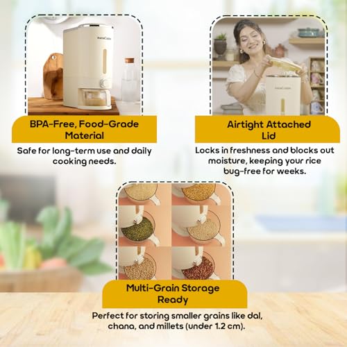Image of InstaCuppa 10 Kg Rice Dispenser, Airtight Plastic Dry Grain Storage Container with Measuring Cup & Strainer, BPA-Free & Odorless, Single-Button Dispensing Kitchen Organizer