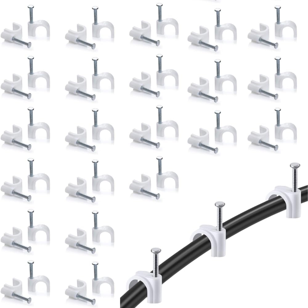 MARK 7mm Cable Clips with Metal Nails – Wire Fastener Clips for Wall Cable Management, Cord Organizer for TV, USB, Ethernet & Power Cables – Round Wire Clamps for Hanging Wires, (Pack of 100)