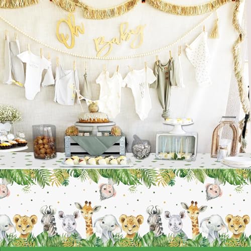 Image of QIYANPAX 4 Pack Jungle Safari Tablecloths, Wild One Table Cover, Animals Plastic Plastic Table Cloth for Sage Green Safari Baby Shower Decorations, 108x54 Inch