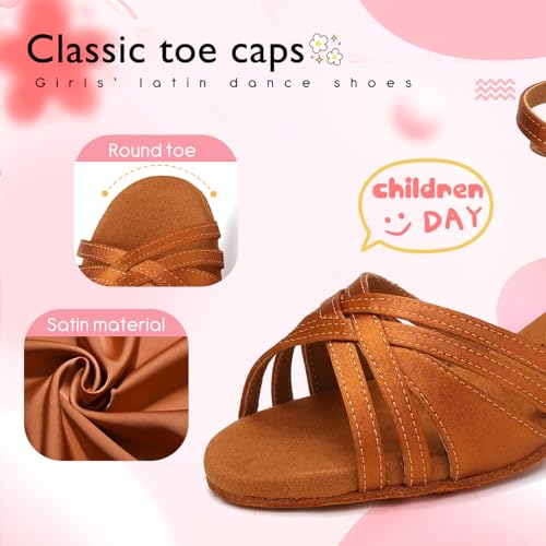 Girl's Latin Dance Shoes Low Heel Professional Performance Salsa Tango Ballroom Dancing Shoes,EM-930-XGG-Tan-4cm Heel,3.5 M US Big Kid3