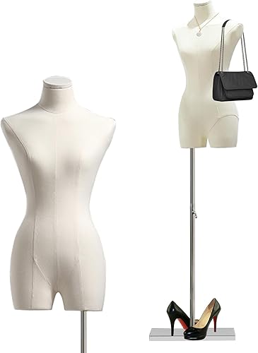 Miniatura 8 de Torso de vestido de maniquí femenino, cuerpo de maniquí de pantalla ajustable de 47 a 83 pulgadas con soporte de metal, maniquí retro para coser