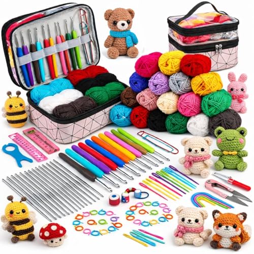 Ganchillos Crochet Kit Principiantes 105 Piezas  Manualidades Adultos Ganchillo Kit Crochet Principiantes Premium  Incluye 18 Ovillos de Lanas, Agujas Crochet, Marcadores, Hilo Crochet, Tijeras...