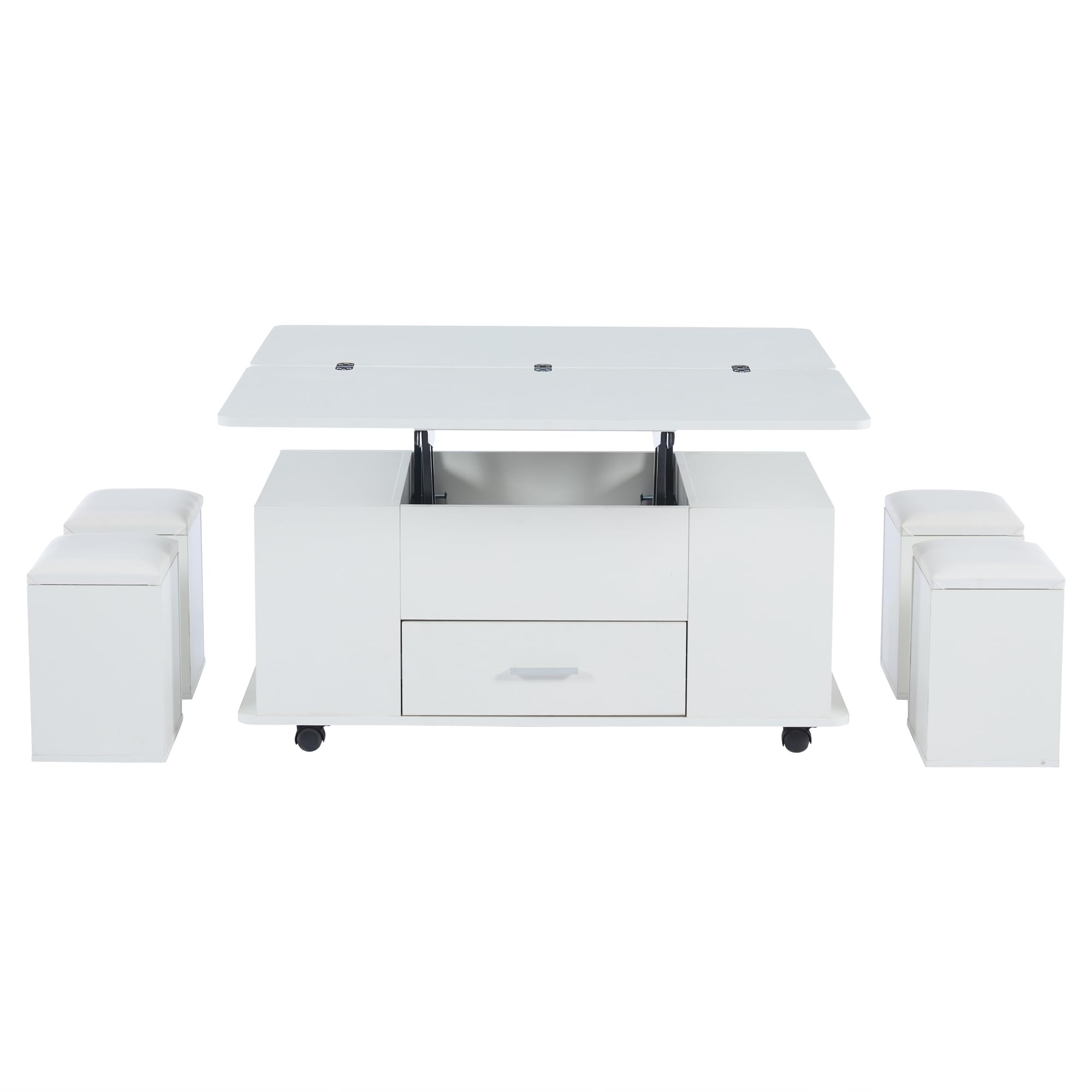Mesa De Centro Regulable En Altura, Mesa De Sofá Móvil, Mesa De Centro Multifunción 4 En 1, Convertible En Mesa De Salón Comedor, Con Cajones, Con 4 Taburetes, Color Blanco