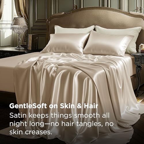Image of Bedsure Khaki Satin Sheets Queen Size, Soft Silky Bedsheet for Hair & Skin | Similar to Silk Bed Sheets Set 4 Piece with 15 Inches Deep Pocket Fitted Sheet,1 Flat Sheet, 2 Satin Pillowcases
