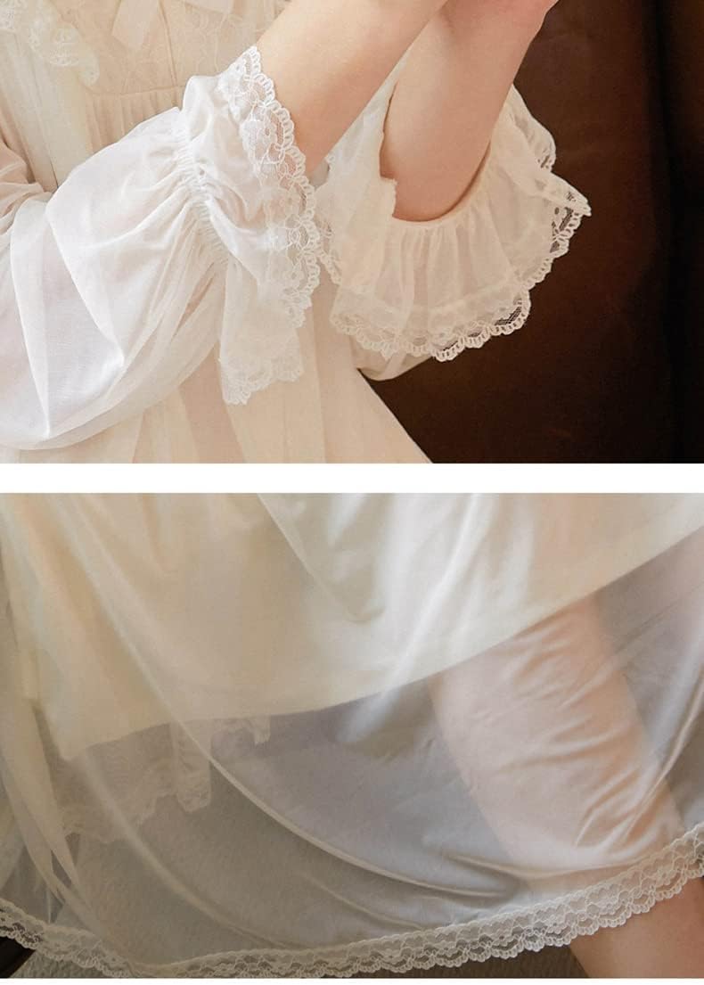 Women Vintage Lace Nightgown Dressing Gown White Mesh Modal Long Robe Nightwear