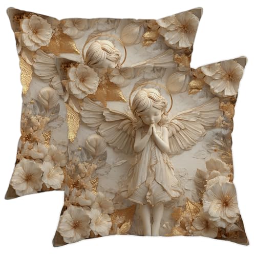 Engel-Kissenbezüge, elegant, klassische Blumen, Blätter, kein Gold, weicher Samt, waschbar, dekorative Kissen für Zuhause, Wohnzimmer, Schlafzimmer, Schlafsaal, Couch-Dekoration, 45,7 x 45,7 cm Engel-Kissenbezüge, elegant, klassische Blumen, Blätter, kein Gold, weicher Samt, waschbar, dekorative Kissen für Zuhause, Wohnzimmer, Schlafzimmer, Schlafsaal, Couch-Dekoration, 45,7 x 45,7 cm