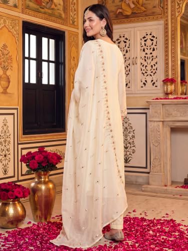 Image of INDO ERA Women's Silk Blend Embroidered Stone Work Straight Kurta & Pant with Dupatta Set | Kurta Sets For Woman