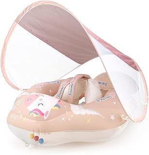 Baby Float,Baby Swimming Float,Infant Pool Float with Canopy,Baby Float with Canopy Safety Bottom Support Water Toys Sun Protection Canopy for Ages 3-36 Months(Pink)