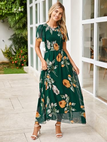 Image of Simplee Womens Casual Floral Summer Maxi Dress 2026 Boho Flowy Short Sleeve Crew Neck Vacation Smocked Chiffon Dresses