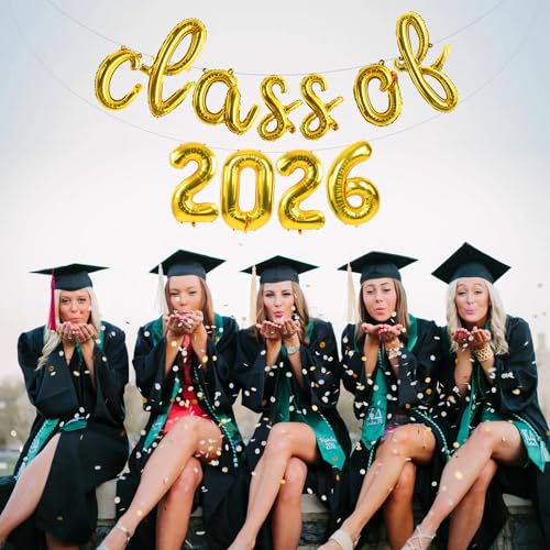 Image of TONIFUL Gold Cursive Class of 2026 Graduation Balloon Banners 2026 commencement Decor Grad Foil Balloons 2026 Congrats Grad Balloons for Class of 2026 Congratulation Graduation Party Supplies