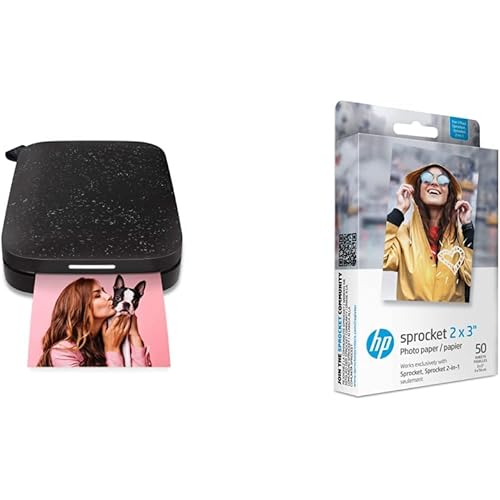 HP Sprocket Portable Color Photo Printer (2nd Edition) – Instantly print 2x3" sticky-backed photos from your phone – [Noir] [1AS86A] and Sprocket Photo Paper, 50 Sheets