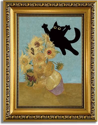 YD&YZY Gold Framed Funny Cat Wall Art Canvas Vintage Black Cat Wall Decor Van Gogh Sunflower Cute Animal Room Print Painting Picture Poster For Home Bedroom Dorm 8x10 inch Small Framed