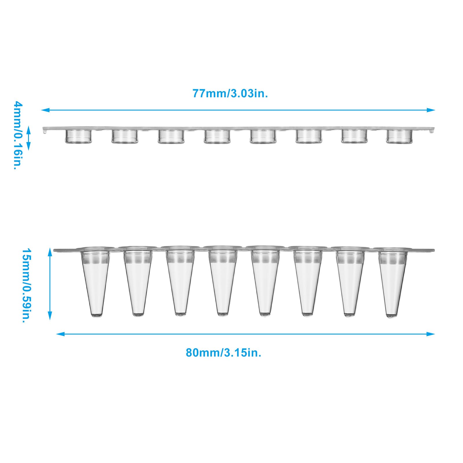 Tubes PCR à 8 bandes de 0,1 ml, tubes transparents à paroi mince avec bouchons plats, sans DNase/RNase 125 bandes