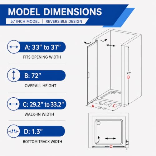 Image of 33-37 inch W x 72 inch H Pivot Shower Door, 3 /16 inch(5mm) Glass, Brushed Nickel