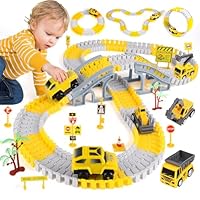 Construction Race Track Toys, Create A Engineering Road Games for Kids Toys, Flexible Track PlaySet and 2 Electric Cars 4 Construction Cars for 3 4 5 6 7 8 Year Old Boys Girls Gift