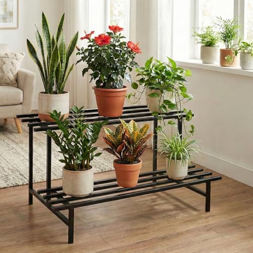 Image of Garden Genie 2-Tier Metal Plant Stand | Heavy Duty Metal Plant Stand for Outdoor Balcony & Indoor Use | Iron Pot Stand for Plants & Garden Use (Black)