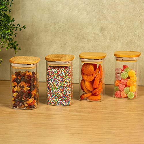 KIT 4 POTES DE VIDRO TAMPA BAMBU QUADRADO FLAT 250ML