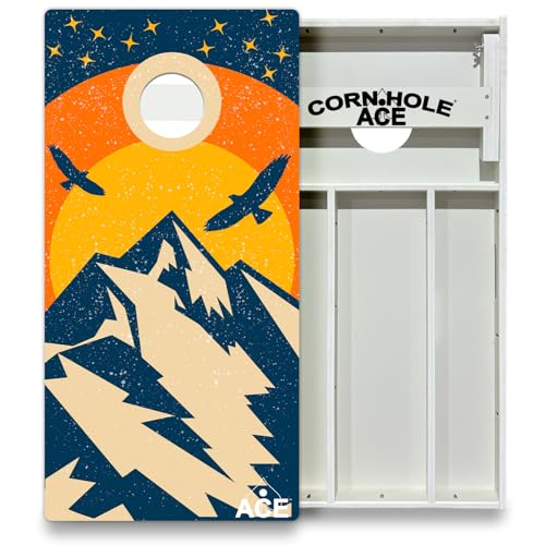 CornholeAce Sunset Mountain Design All Weather Pro Cornhole Board Set - Waterproof 4x2 Regulation Size, Made in USA, Triple Wide Legs, 3/4" PVC, Official Tournament Boards, Outdoor Ready (2 Boards)