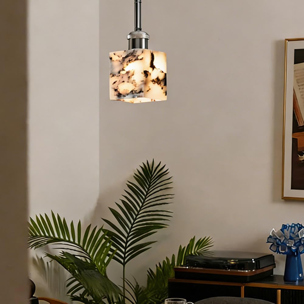 Geometryczna lampa wisząca, oryginalny marmurowy odcień i srebrny design, styl Wabi-Sabi, nowoczesna mini lampa wisząca, retro dekoracyjna oprawa na wyspę kuchenną, salon lub stół