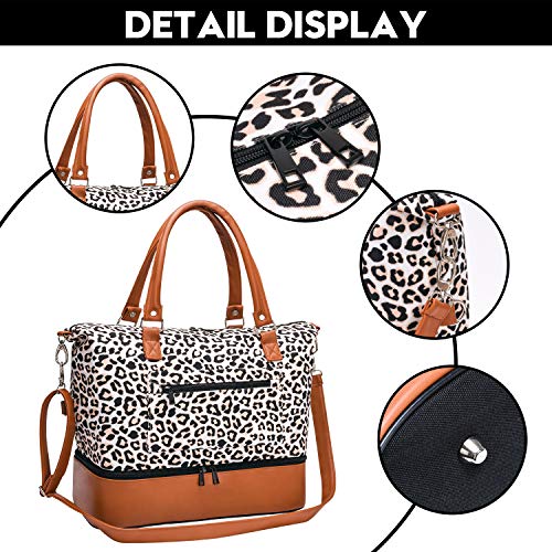 Women Travel Duffle Bag Canvas Carry On Tote Weekender Overnight Bag with PU Leather Shoulder Strap and Shoe Compartment Leopard 18 Inch