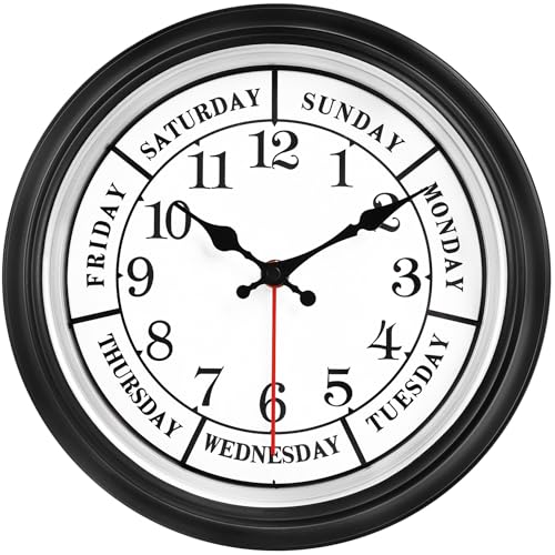 45MinST 12 Inches Retro Wall Clock,Day of The Week Wall Clock,Calendar Day Clock,Silent Non Ticking Battery Operated Movement(Silver)