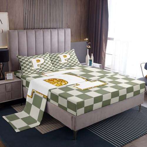 Image of Erosebridal Sage Green Checkered Sheet Set Queen Plaid Initial P Bed Sheets Personalized Monogram Bedding for Kids Boys Girls,Fashion Grids Gingham Bed Sheets Set 4 Piece