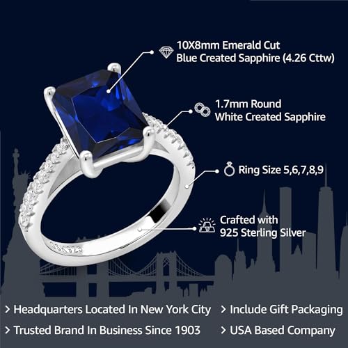 Gem Stone King 4.26 Cttw Blue and White Created Sapphire Engagement Ring For Women | 925 Sterling Silver | Emerald Cut 10X8MM | Available in size 5, 6, 7, 8, 92
