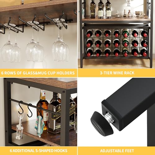 DWVO Large Bakers Rack with Power Outlets and Wine Rack, 5-Tier Microwave Stand with Glasses Holder, Coffee Bar Kitchen Storage Shelf with 6 Hooks, for Kitchen, Living Room, Office, Rustic Brown