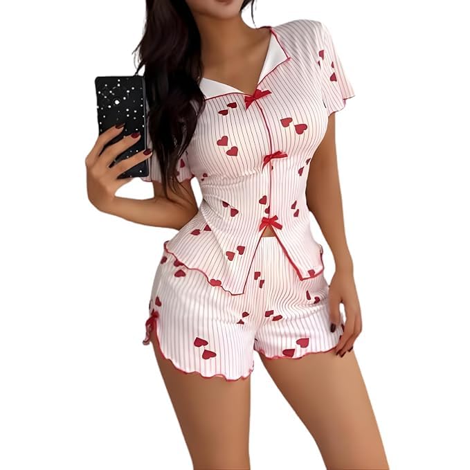 Women's Printed Night Suit Set | Soft Nylon Half Sleeve Shirt & Shorts Sleepwear | Button Front Collar Nightwear | Comfortable Loungewear for Women White-picture-38