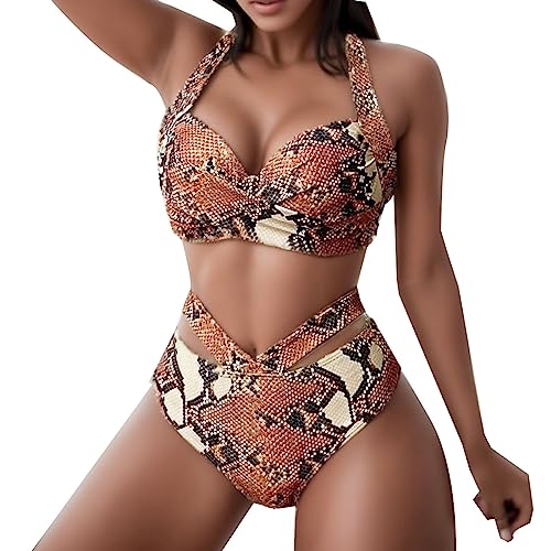 Traje de baño para mujer de 2 piezas, cuello en V, conjunto de bikini de cintura alta, acolchado de dos piezas con halter Women Swimwear sexy y chic traje de natación para deporte, marrón, M