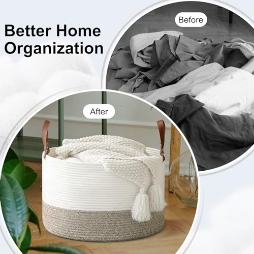 Image of Extra Large Laundry Basket 20 inchx 20 inch x 13 inch Living Room Woven Storage Kids, Cotton Rope Basket with Leather Handle for Blanket Toys Pillow Organization, Kids Nursery Gift, White & Brown